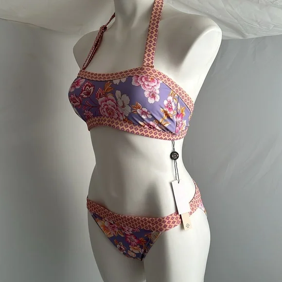 Nanette Lepore Brielle lavender multicolor floral bandeau bikini set - Picture 3 of 15